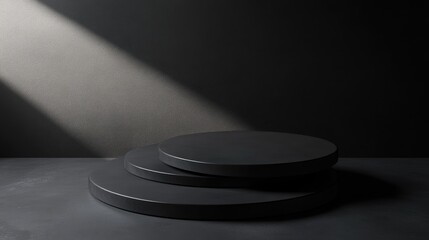 Aufkleber - 3D render of a minimalist round matte black table top set against a dark backdrop with a spotlight ideal for showcasing men s products Space for templates presentations and exhibitions
