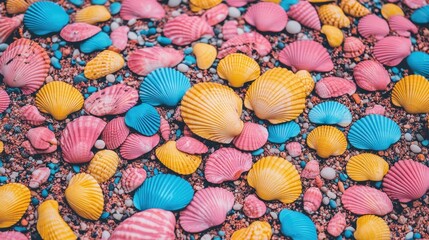 Aufkleber - Close up photograph showcasing a diverse assortment of vibrant seashells on sandy beach terrain