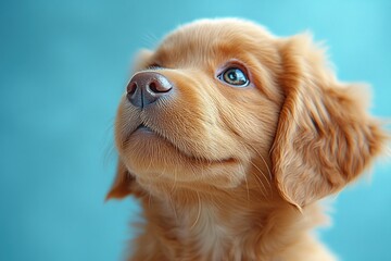 Wall Mural - A close-up portrait of a golden retriever puppy looking up with big brown eyes, against a light blue background.