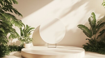 Aufkleber - 3D background featuring podium display with a natural white banner mockup Abstract nature shape with shadow ideal for beauty product and cosmetic promotion Minimalist template rendered in a studio