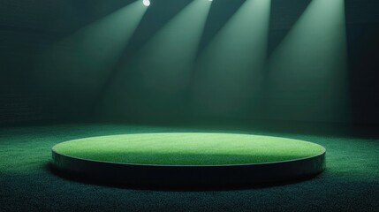 Poster - 3D cylinder podium in an arena featuring a green football field Empty pedestal for an award ceremony with spotlights illuminating the platform 3D render for showcasing rewards