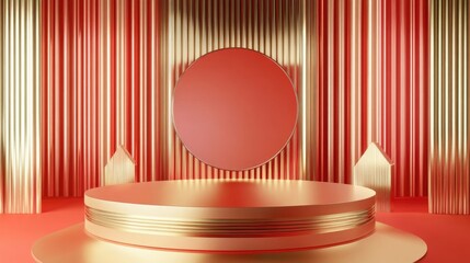 Aufkleber - 3D podium with geometric design in red and gold elements ideal backdrop for showcasing cosmetic products and advertisements