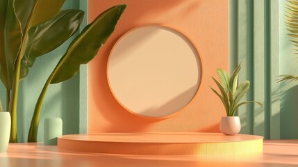 Aufkleber - 3D rendering of a contemporary mock up featuring an abstract geometric background a blank template and a minimalistic empty showcase with primitive shapes in pastel colors