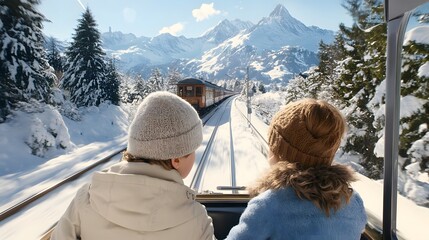 Wall Mural - Two people admire a scenic snowy landscape with mountains and a train, capturing a joyful winter journey.