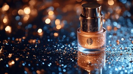 Wall Mural - A glass bottle of cosmetic product with a golden cap on a glittery surface with bokeh lights in the background.