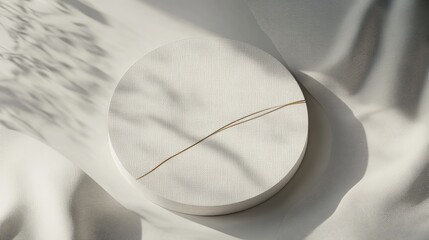 Poster - 3D rendering of a minimalist product display featuring a circular podium with a gold line on textured fabric viewed from above ideal for luxury cosmetic photography