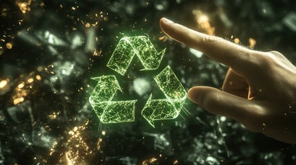 Poster - A businessman finger interacts with a digital green recycle symbol on a virtual screen, conveying a message of sustainability and corporate environmental strategy.