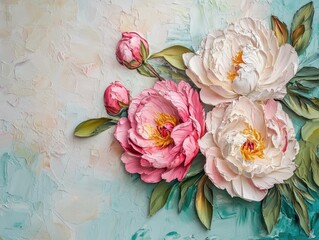 Aufkleber - 3D mural design featuring peony flowers in a vibrant painting style