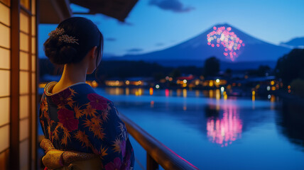 Poster - 花火と秋の富士山を眺める浴衣姿の若い女性の横顔