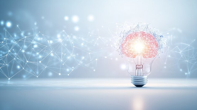 A glowing light bulb with a brain-like filament, symbolizing bright ideas and intelligence, casting soft light on a clean, minimalist background.