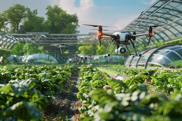 Aufkleber - Drones and sensors work together on a high-tech farm, using AI to monitor crops and enhance sustainable agricultural practices. Generative AI