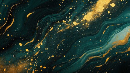 Poster - Abstract Background With Marble Texture And Painted Design In Dark Blue Emerald Green Gold And White Hues Trendy And Stunning Illustration Featuring Flying Golden Powder