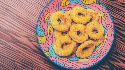 Poster - Breaded deep fried shrimp arrangement on a dark wooden table viewed from above with space for text