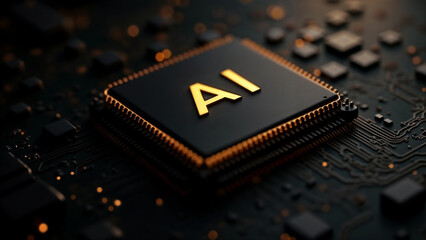 AI word on microchip, isolated black background. AI concept with copyspace banner background.