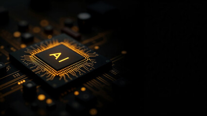 AI word on microchip, isolated black background. AI concept with copyspace banner background.