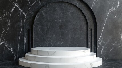 Aufkleber - 3D rendering of white pedestal steps on a black round marble background featuring a memorial board art deco geometric frame and an abstract minimal concept providing a blank space and clean design