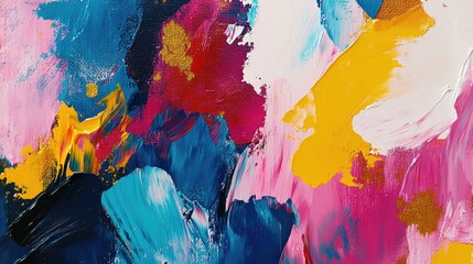 Poster - Abstract oil painting featuring modern artwork with vibrant paint spots strokes and golden elements showcasing a large scale knife painting technique ideal for wall art