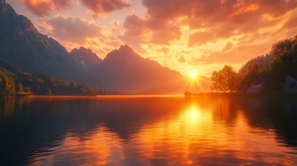 Poster - A beautiful sunset over a lake with mountains in the background