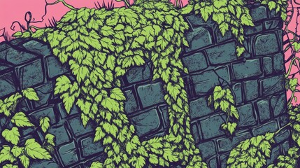 Poster - Ancient Stone Wall Covered in Green Ivy
