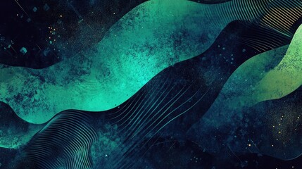 Aufkleber - Abstract background featuring a gradient of black dark azure and emerald green Includes geometric shapes and wavy lines with a rough grunge texture and a bright metallic shine