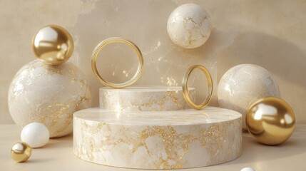 Aufkleber - 3D rendered beige marble podiums featuring golden rings along with golden and white spheres on a beige backdrop