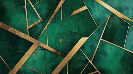 Poster - Abstract oil painting featuring geometric shapes in green showcasing a shiny golden vein texture Ideal for prints wallpaper posters cards murals and wall art