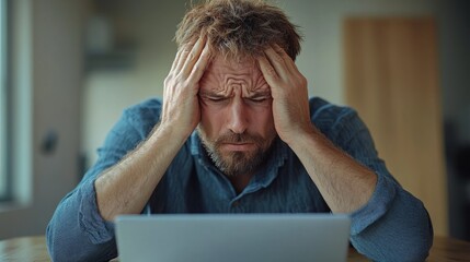Poster - A man is sitting at a table with a laptop in front of him