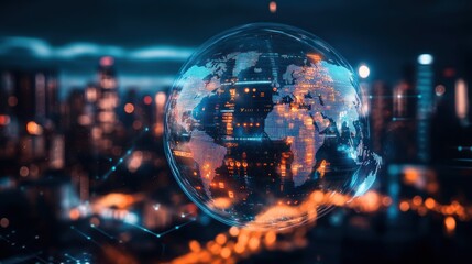 Poster - A digital globe overlaying a cityscape, symbolizing global connectivity and technology.