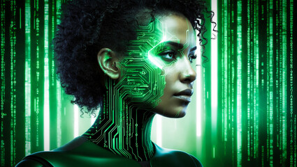 Poster - A side profile of a woman wearing high tech accesories, against a futuristic background