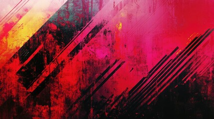 Poster - Abstract red geometric painting featuring vibrant stripes and a fluorescent backdrop ideal for artistic wallpapers and designs