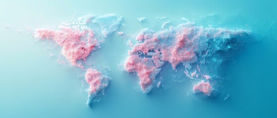 Abstract digital world map with data and global network concept on a blue background, in a flat lay composition, with pastel colors, light pink and white.