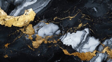Poster - Abstract artwork featuring gold on a black and white marble texture showcasing ink and veins across stone and rock surfaces with varying shades