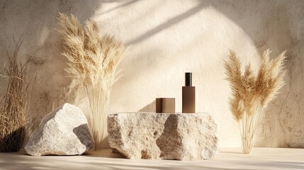 Poster - 3D podium display featuring a beige background alongside stone wood and dry pampas grass Brown cosmetic and beauty product showcased on a rock pedestal with shadow Natural presentation in an abstr