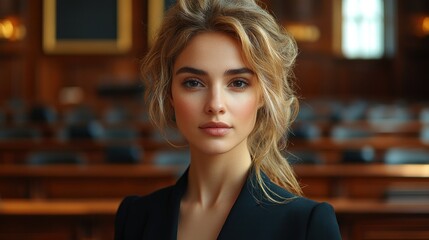 Canvas Print - A young woman with blonde hair and brown eyes looks directly at the camera while standing in a grand room with wooden paneling and seating.