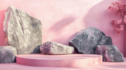 Aufkleber - Abstract pink geometric background featuring stone and rock shapes minimalist mockup for podium display or showcase 3D rendering