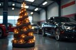 © Ekaterina - A Christmas tree made from car tires in an automobile workshop or tire shop. Christmas auto concept