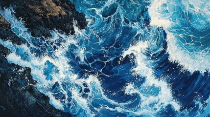 Aufkleber - Aerial Perspective of Turbulent Blue Ocean Waves Crash Against Jagged Rocks
