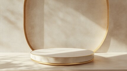 Aufkleber - 3D rendering of a minimal product display featuring a circular podium with gold accents on textured fabric suitable for luxury cosmetic product photography from an overhead perspective