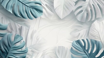 Poster - 3D mural wallpaper featuring hand drawn tropical leaves and abstract art on a light background with retro pattern shapes