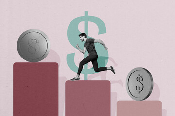 Poster - Collage picture young man runner charts progress improvement leadership ambition trader money earnings profit business dollar coins