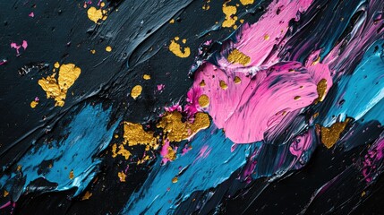 Poster - Abstract oil painting featuring modern artwork with vibrant paint spots strokes and golden elements showcasing a large scale knife painting technique ideal for wall art