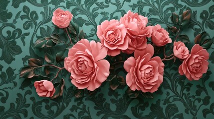 Aufkleber - 3D artwork featuring rose pink elements against a green stencil patterned wallpaper