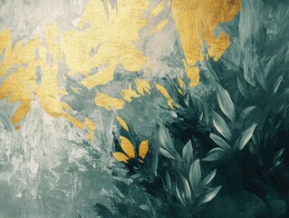 Aufkleber - Abstract artistic background featuring retro nostalgic golden brushstrokes Textured oil on canvas with floral leaves in green and gray suitable for wallpaper posters cards and prints