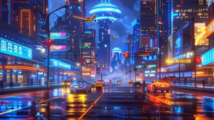 Poster - The bustling city features autonomous vehicles navigating smoothly amidst glowing skyscrapers, drones flying overhead, and smart traffic systems. Generative AI
