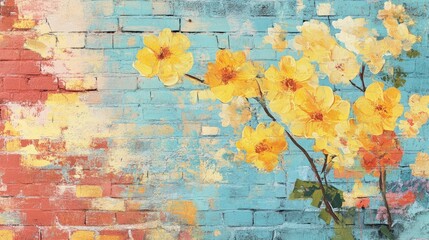 Poster - 3D wallpaper featuring a vibrant painting of yellow flowers on a textured brick background