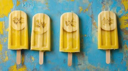 Poster - Banana slice popsicles on a textured blue and yellow backdrop