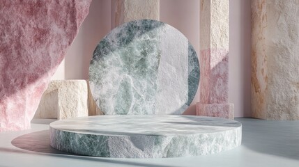 Aufkleber - 3D rendering of a geometric stone podium Abstract pastel shapes create a blank platform Empty pedestal designed for product showcases Minimalist composition featuring a circular display