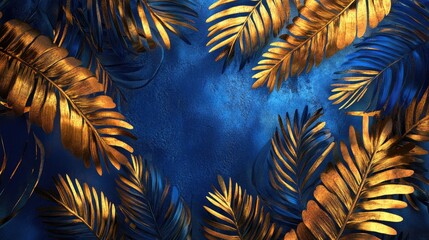 Poster - Abstract blue art background featuring golden tropical leaves