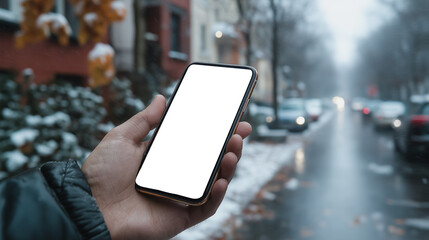 Wall Mural - a person is holding a phone in a snowy street. the phone is white and the person is wearing a black 