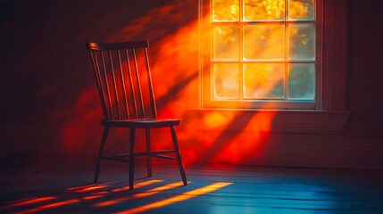 A chair is sitting in front of a window, with the sunlight shining through the window and casting a warm glow on the chair. The scene is peaceful and serene